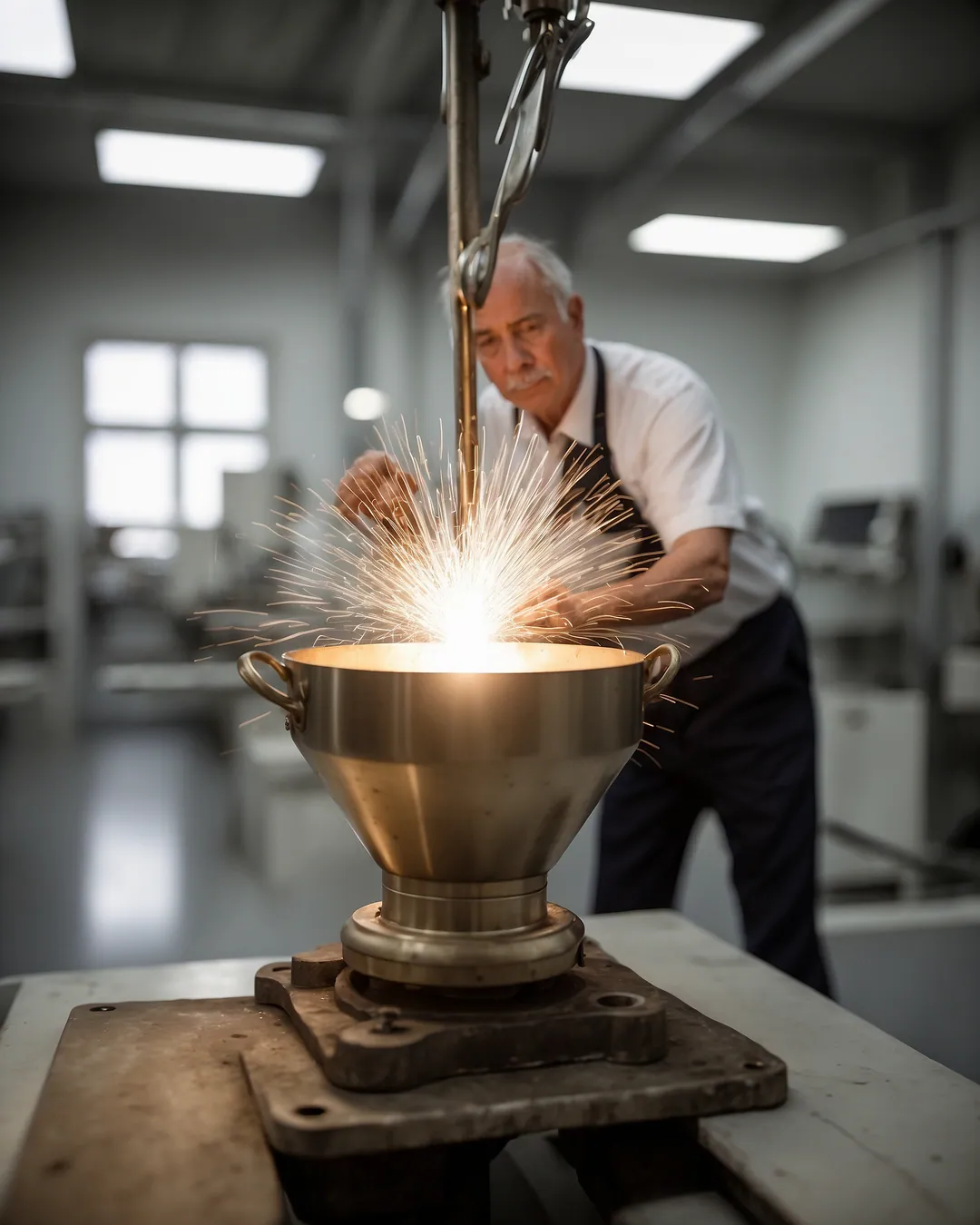 Master artisan lifting a glowing hand-cast brass vessel in a Muradabad foundry
