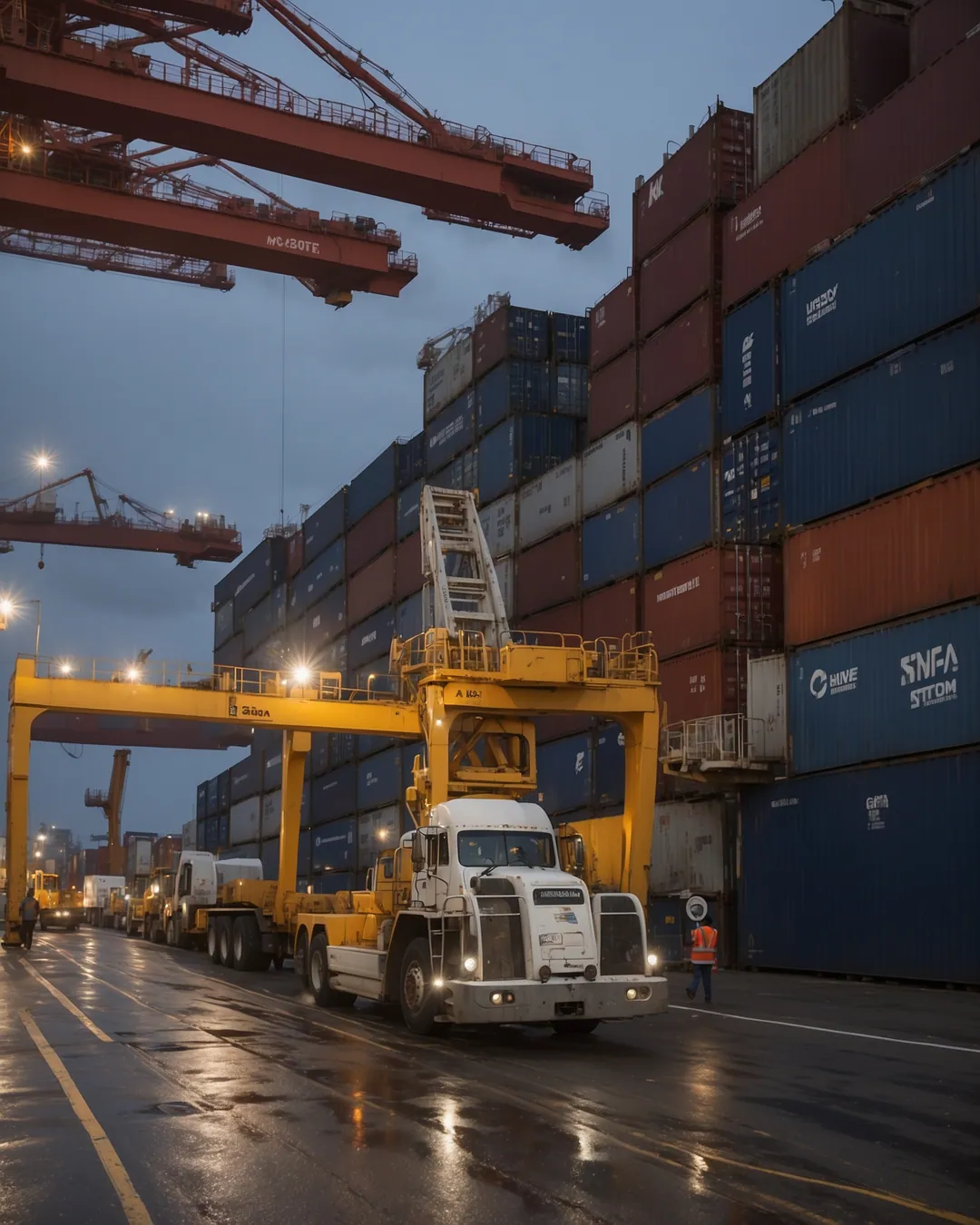 Shipping containers stacked at an Indian export seaport at dusk